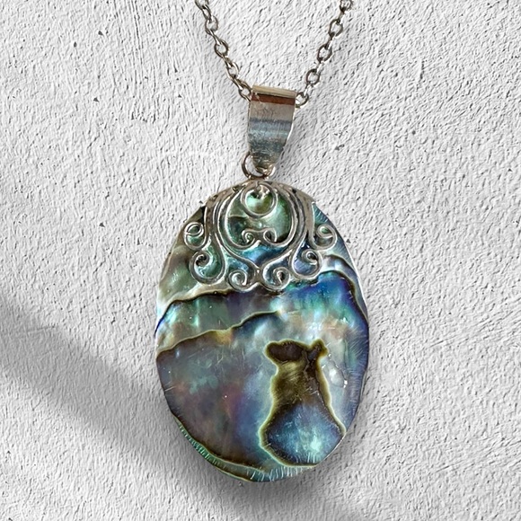 Beautiful oval abalone pendant decorative sterling bail 18”stainless steel chain - Picture 2 of 4